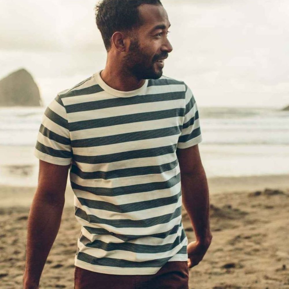 Taylor Stitch - Organic Cotton Tee in Natural and Ocean Stripe - L - 42